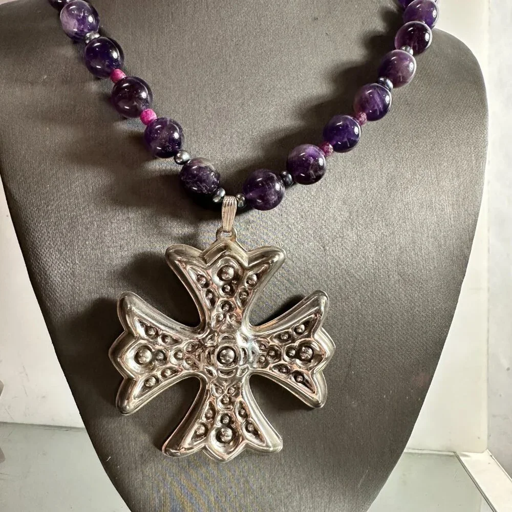 Maltese Cross Sterling Silver Genuine Ruby Tahitian Pearls Amethyst Necklace 925